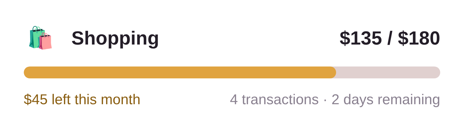 Shopping. $135 of $180. $45 left this month. 4 transactions, 2 days remaining.